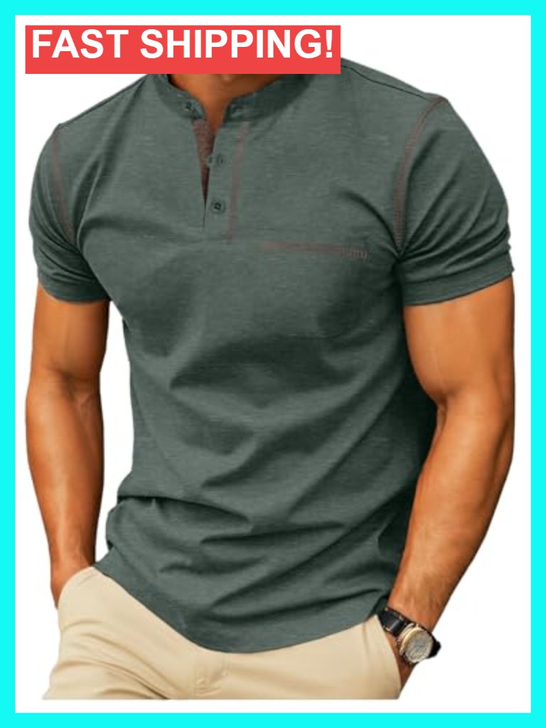 Men's Short Sleeve Henley Shirt With Pocket Cotton Spandex